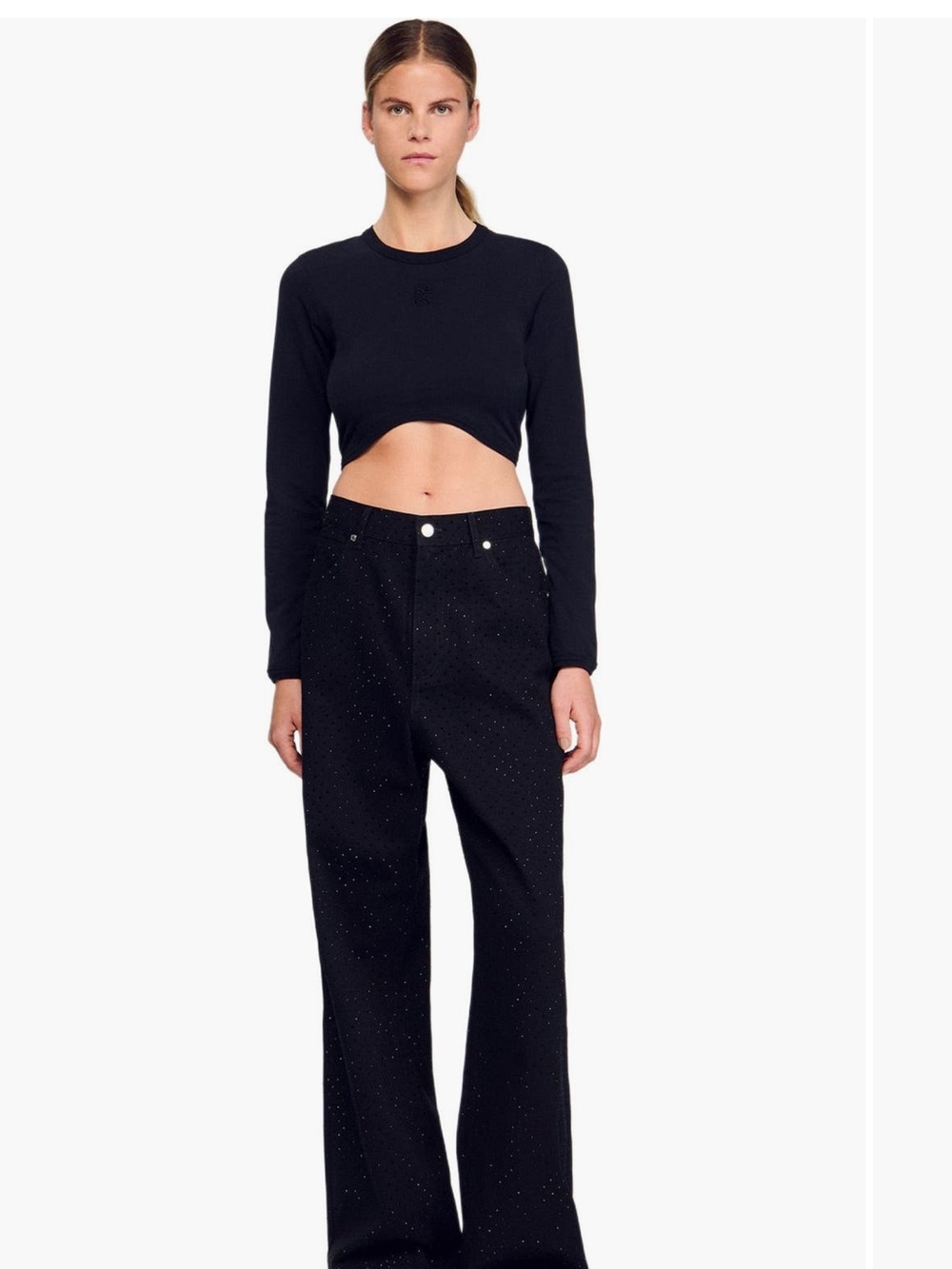 Sandro Black Cropped Embroidered T‑Shirt